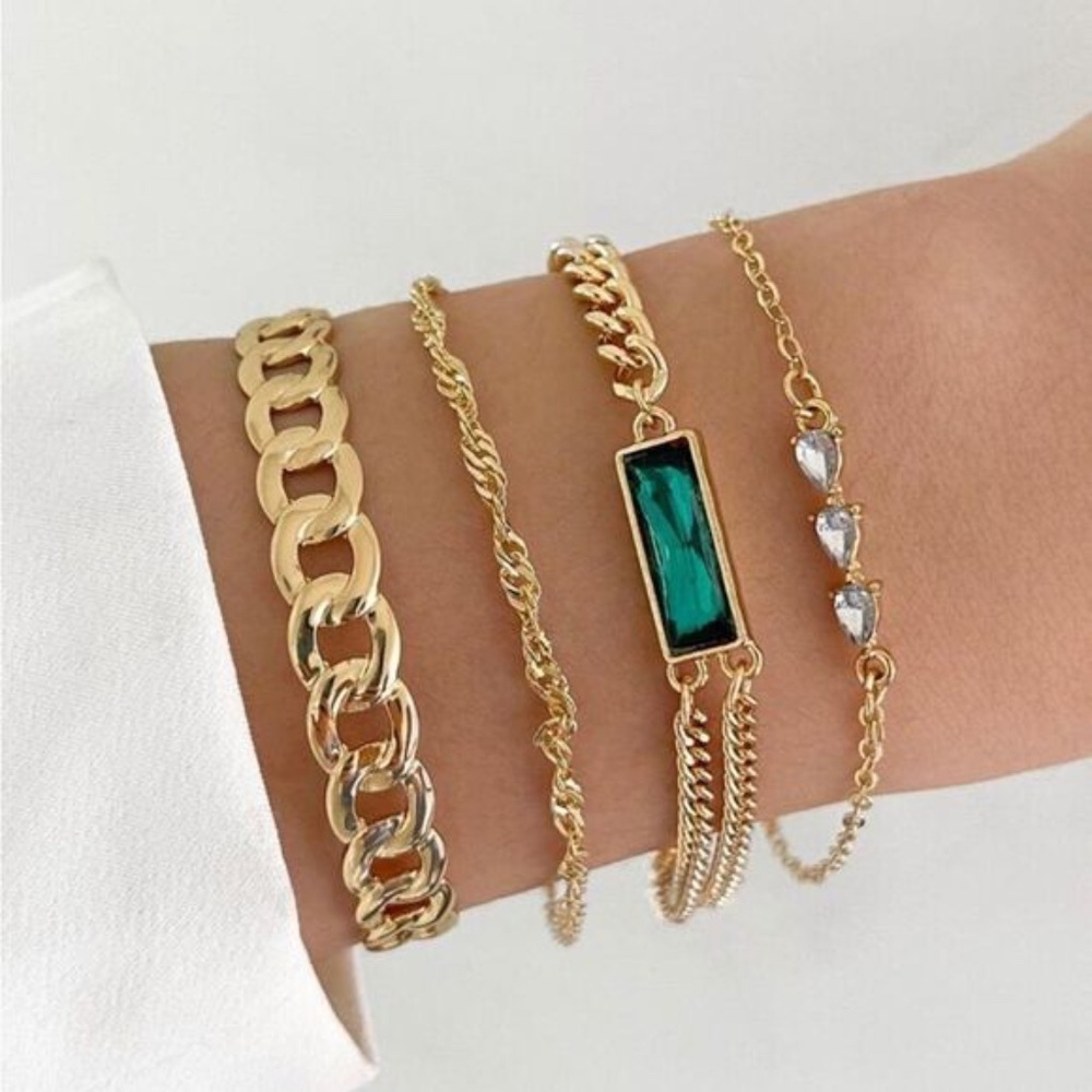 Gold 4pc Rhinestone Chain Bracelet Set